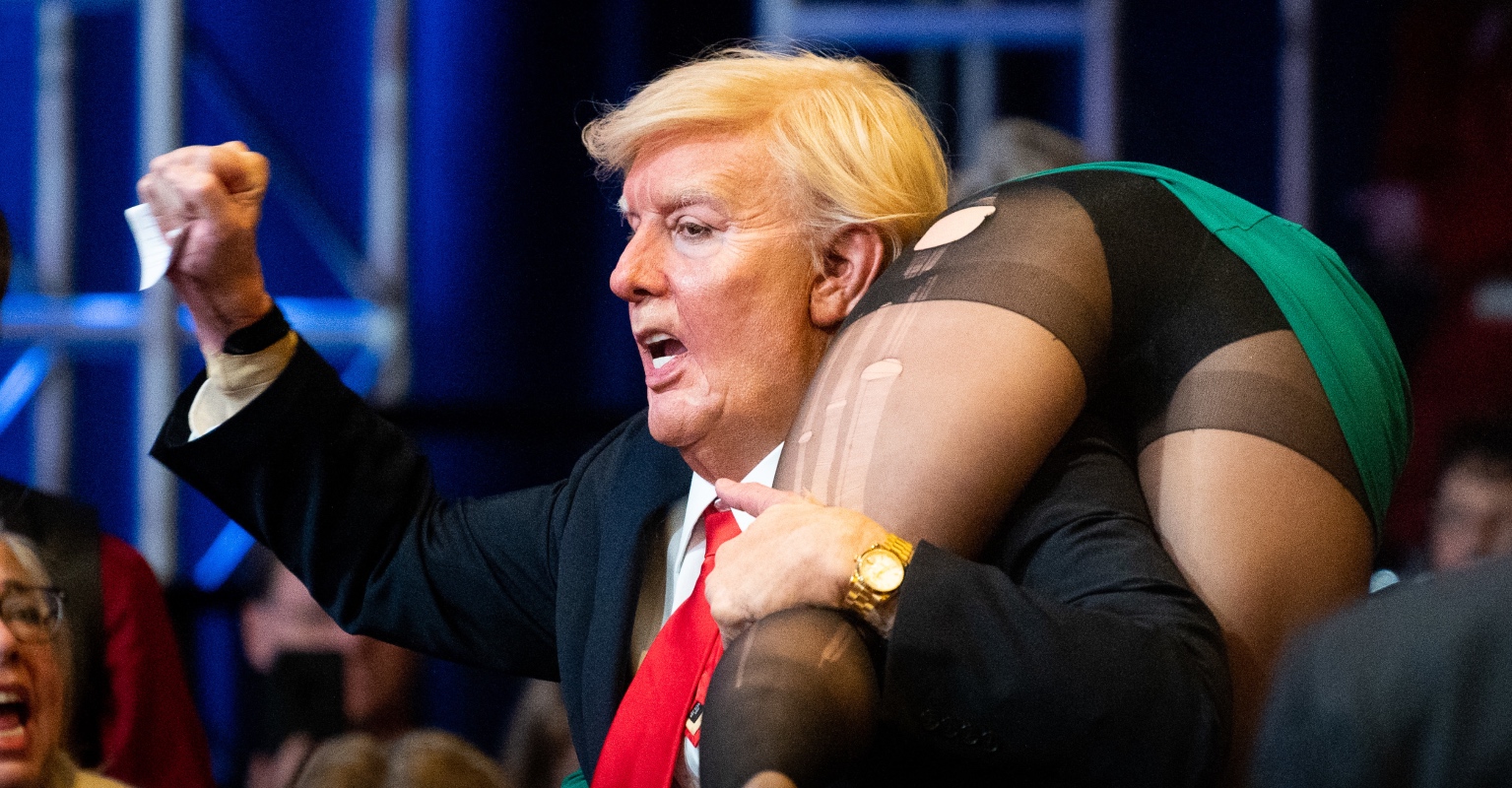 Sacha Baron Cohen dressed up as Donald Trump in a fat suit to crash rally