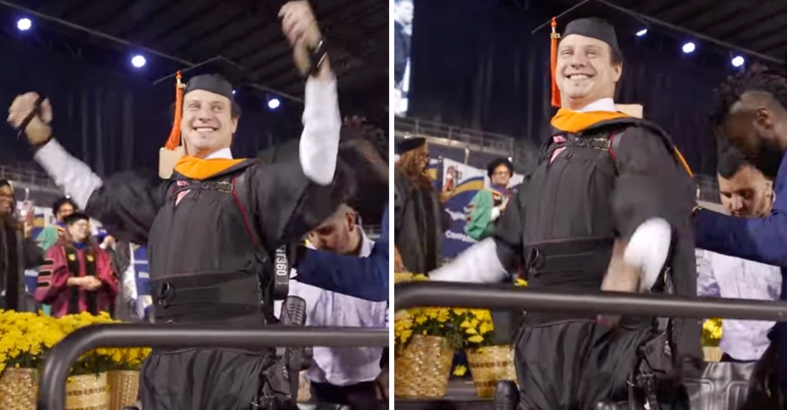 Paralyzed student hailed as a 'hero' as he walks across stage at
