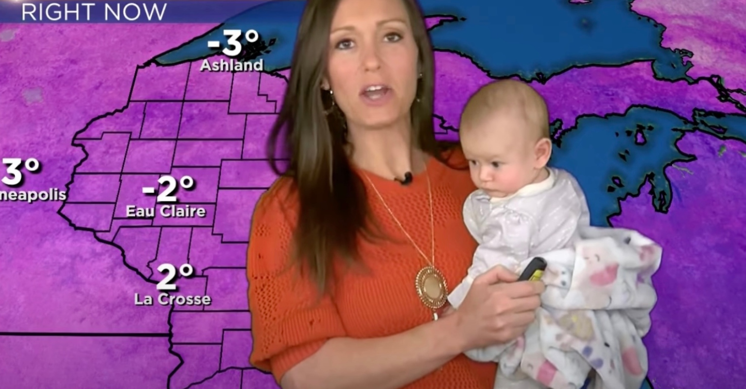 Meteorologist praised after bringing her baby on-air to perform weather forecast