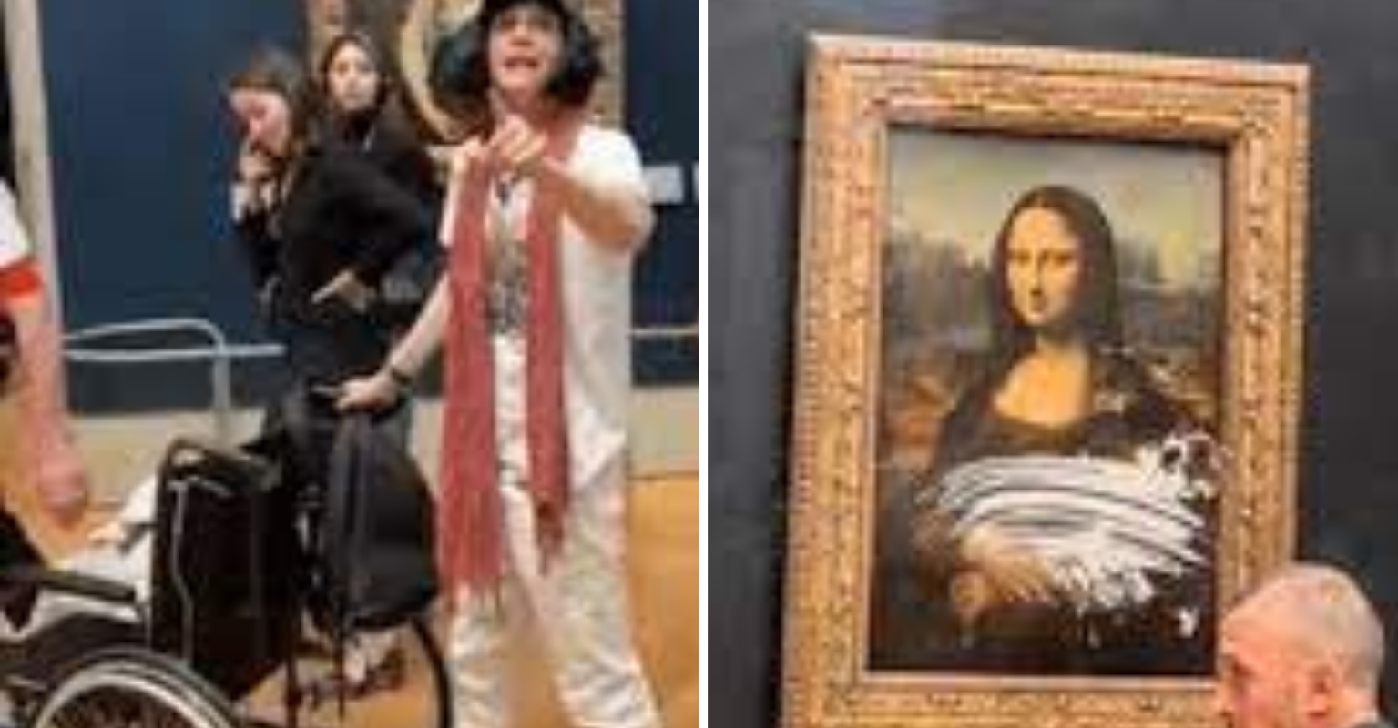 Man In Wheelchair Disguised As Old Lady Throws Cake At The Mona Lisa In
