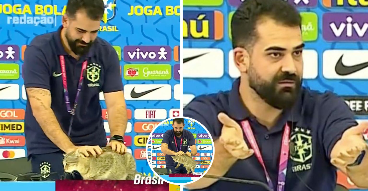 World Cup journalists gasp as Brazil press officer throws cat off table VT