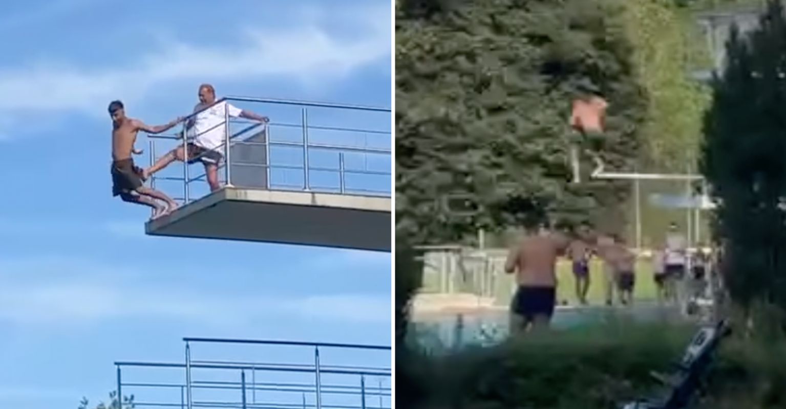 Lifeguard Kicks Man Who's Hesitant To Jump Off Diving Board